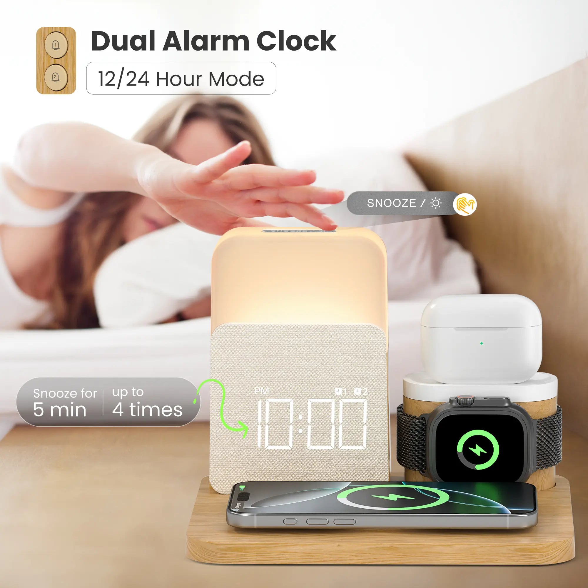 7-In-1 Fast Wireless Charger Trio Magnetic Station with Alarm Clock & 3-Color Dimmable Night Light. Magsafe Dock for Iphone 17-12, Apple Watch, Airpods, Samsung. Fast Charging, USB-C & 2 USB Ports. Portable Travel Desk Organizer for Tiktok Shop