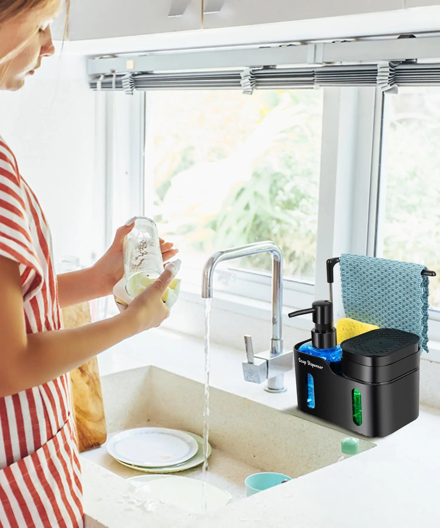 Oylik Hand Soap and Dish Soap Dispenser Set for Kitchen, Dual Soap Dispenser with Sponge Holder and Dishcloth Holder 4-In-1 Organizer for Kitchen Sink Countertop