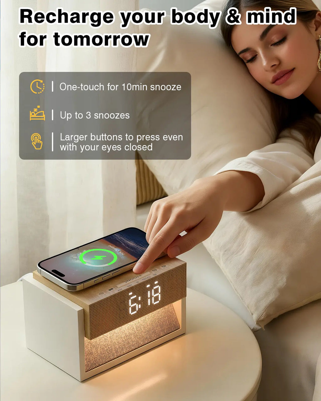 Sleep White Noise Alarm Clock with Wireless Charging 20 Sounds Dual Alarm Snooze Dimmable Display Knob Control for Bedroom Perfect Sleep Gifts