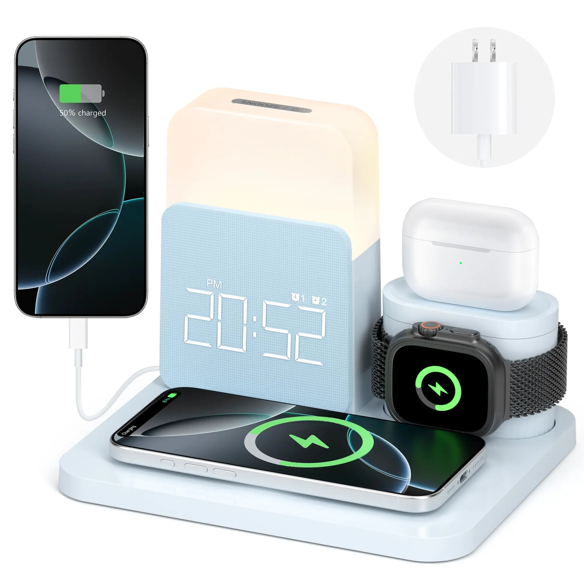 7-In-1 Fast Wireless Charger Trio Magnetic Station with Alarm Clock & 3-Color Dimmable Night Light. Magsafe Dock for Iphone 17-12, Apple Watch, Airpods, Samsung. Fast Charging, USB-C & 2 USB Ports. Portable Travel Desk Organizer for Tiktok Shop