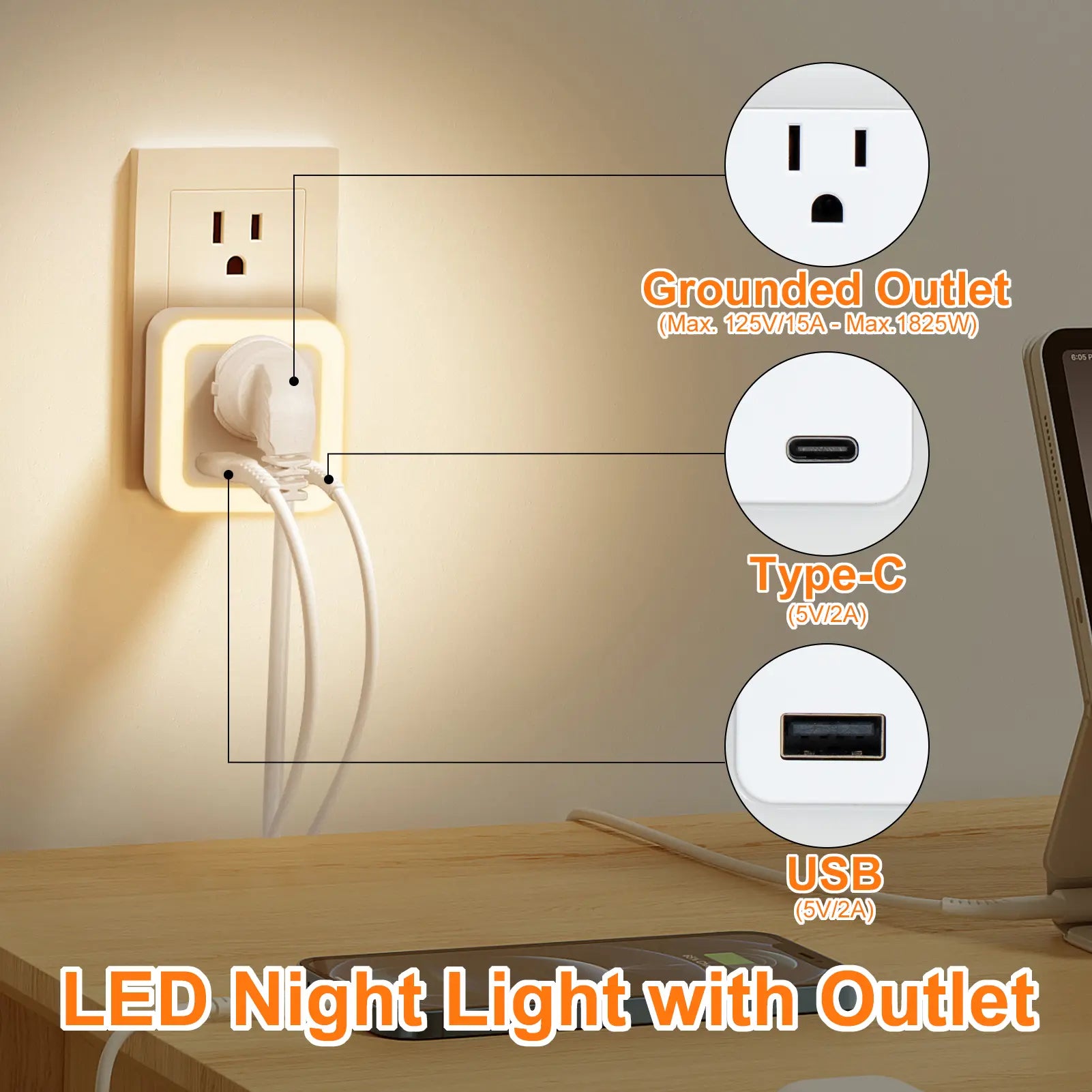 Night Light, 2-Pack of Night Light Inserted into the Wall, Insert Night Light, Adjustable in 3 Brightness Levels, from Dusk to Dawn, Led Night Light, Bedroom, Bathroom, Corridor Warm White