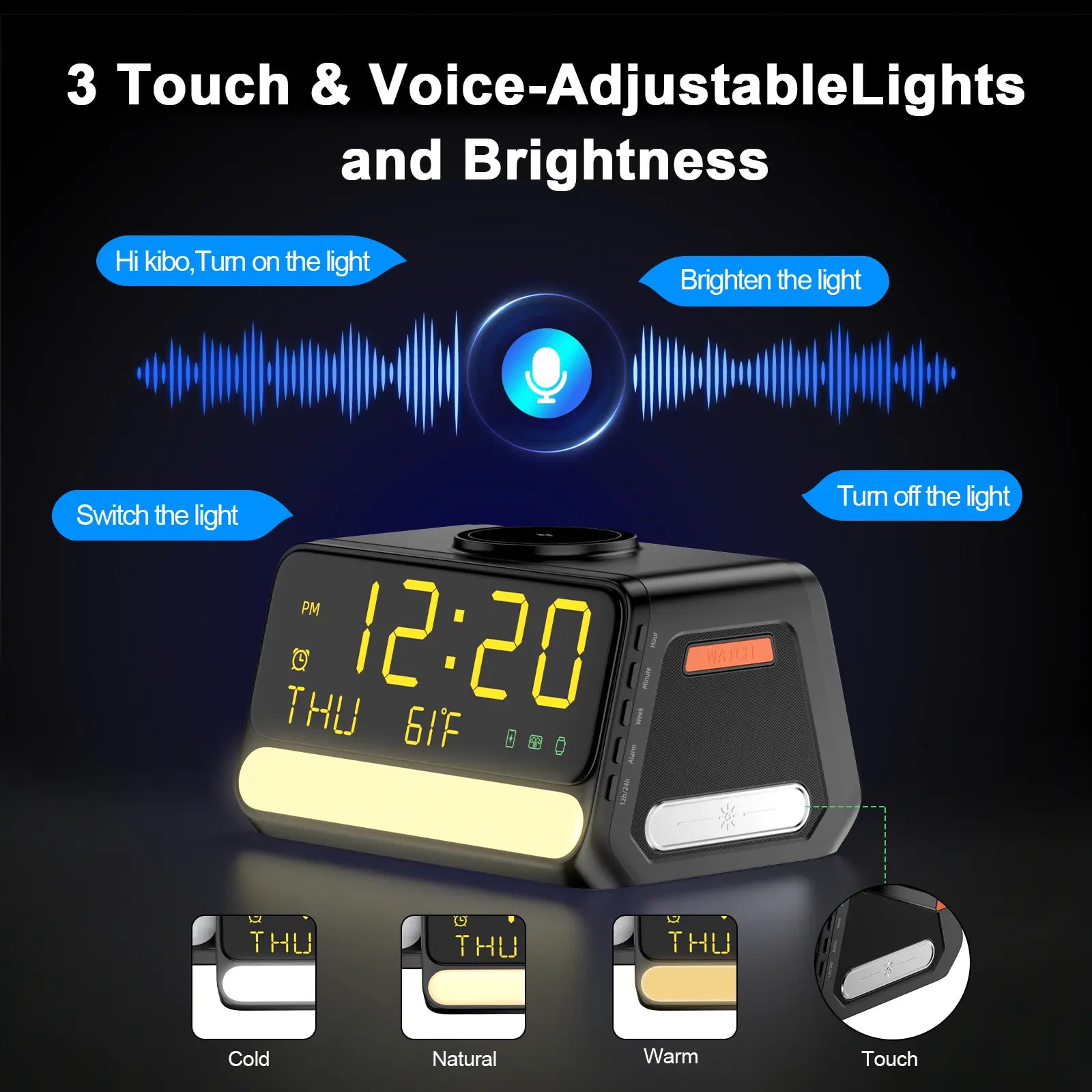 BLKE 7-In-1 Wireless Charging Station with Alarm Clock, Fast Charge, LED & Voice-Controlled Night Light, Bluetooth Time Sync, Temperature Display, Compatible with Iphone, Android, Apple Watch, Samsung Watch & Earbuds, 33W Adapter Incl.
