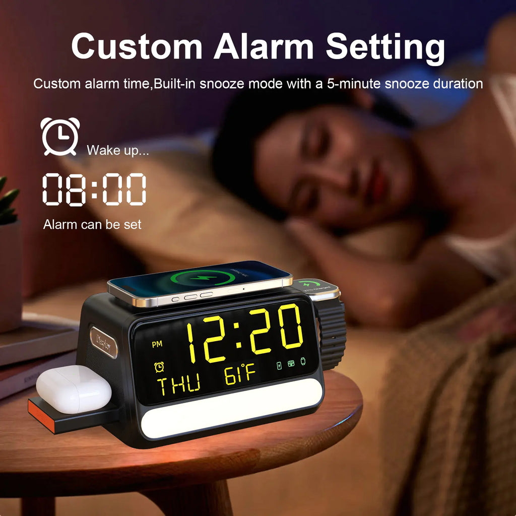 BLKE 7-In-1 Wireless Charging Station with Alarm Clock, Fast Charge, LED & Voice-Controlled Night Light, Bluetooth Time Sync, Temperature Display, Compatible with Iphone, Android, Apple Watch, Samsung Watch & Earbuds, 33W Adapter Incl.