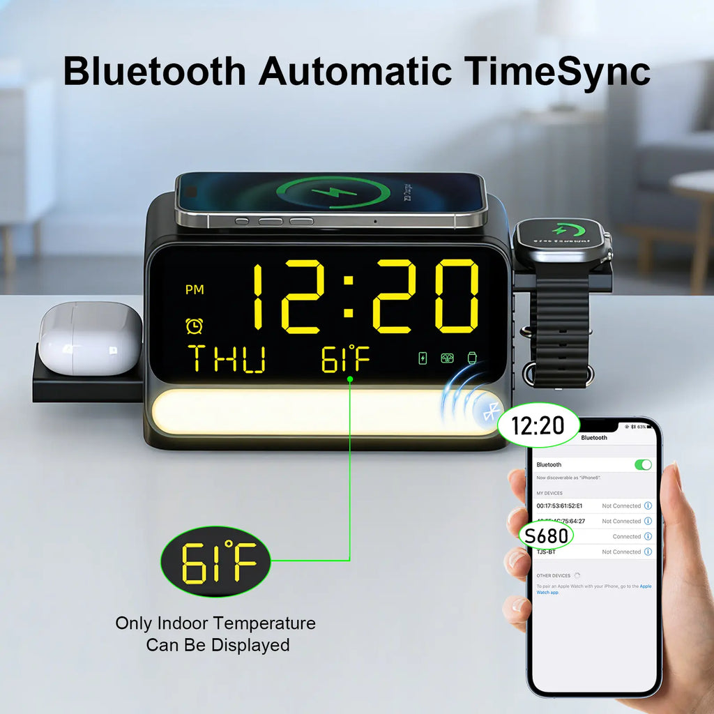 BLKE 7-In-1 Wireless Charging Station with Alarm Clock, Fast Charge, LED & Voice-Controlled Night Light, Bluetooth Time Sync, Temperature Display, Compatible with Iphone, Android, Apple Watch, Samsung Watch & Earbuds, 33W Adapter Incl.