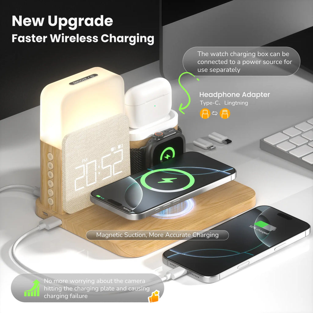 7-In-1 Fast Wireless Charger Trio Magnetic Station with Alarm Clock & 3-Color Dimmable Night Light. Magsafe Dock for Iphone 17-12, Apple Watch, Airpods, Samsung. Fast Charging, USB-C & 2 USB Ports. Portable Travel Desk Organizer for Tiktok Shop