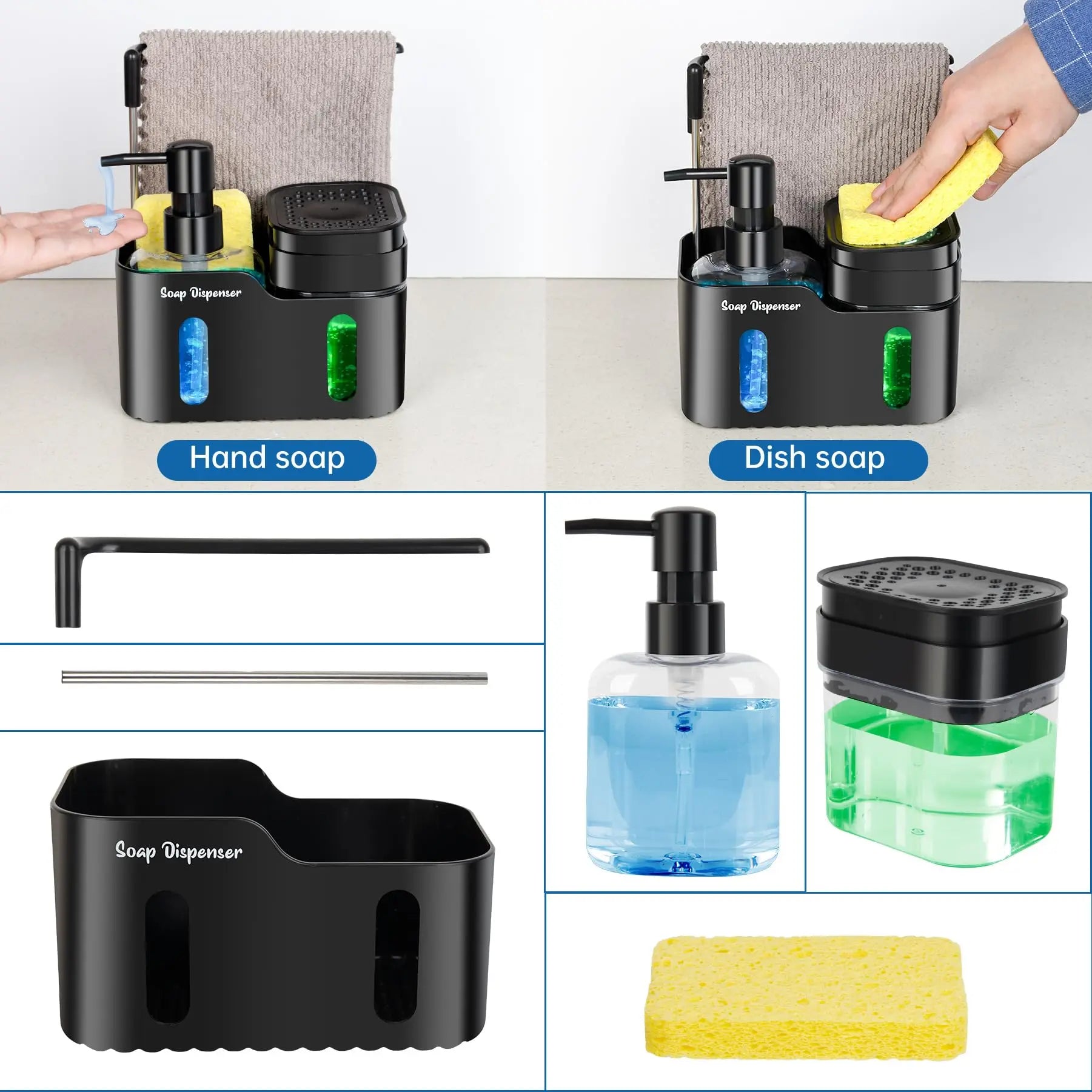 Oylik Hand Soap and Dish Soap Dispenser Set for Kitchen, Dual Soap Dispenser with Sponge Holder and Dishcloth Holder 4-In-1 Organizer for Kitchen Sink Countertop