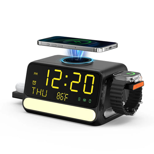 BLKE 7-In-1 Wireless Charging Station with Alarm Clock, Fast Charge, LED & Voice-Controlled Night Light, Bluetooth Time Sync, Temperature Display, Compatible with Iphone, Android, Apple Watch, Samsung Watch & Earbuds, 33W Adapter Incl.