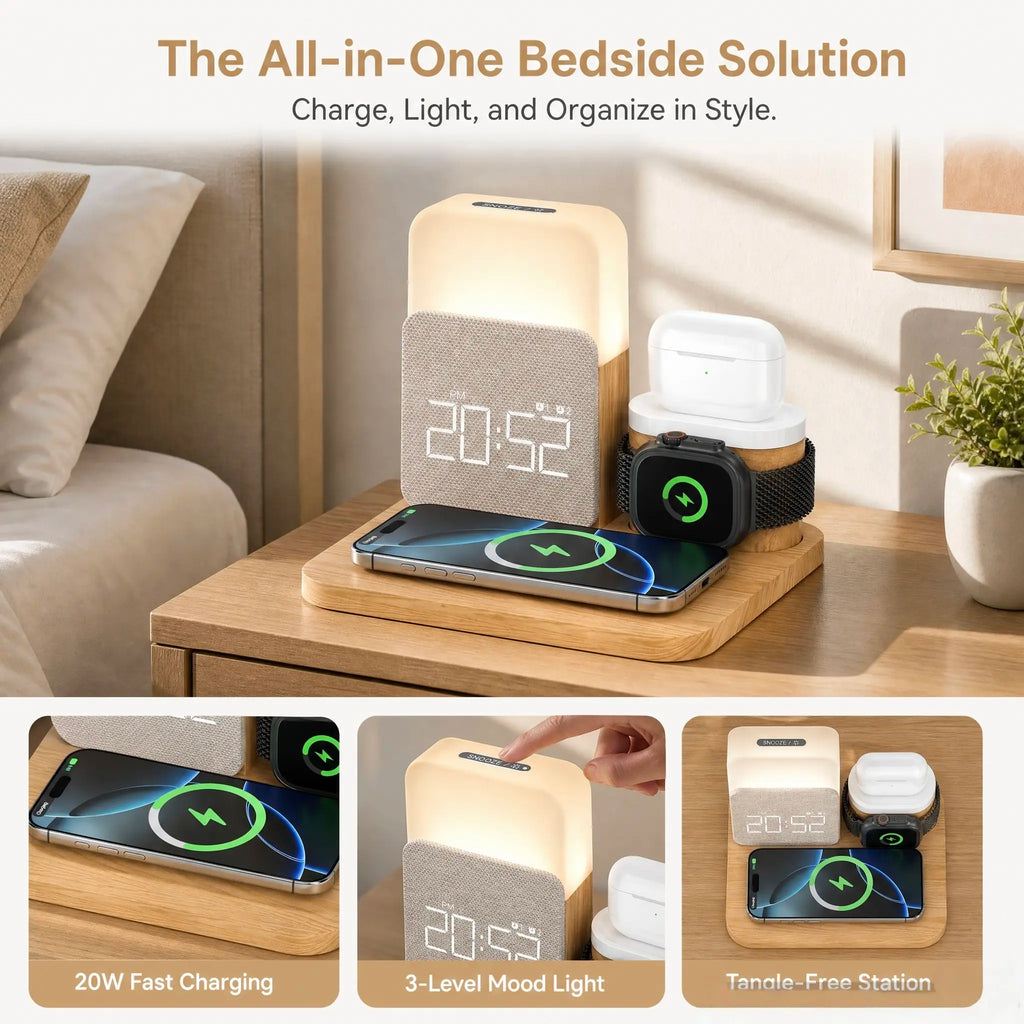 7-In-1 Fast Wireless Charger Trio Magnetic Station with Alarm Clock & 3-Color Dimmable Night Light. Magsafe Dock for Iphone 17-12, Apple Watch, Airpods, Samsung. Fast Charging, USB-C & 2 USB Ports. Portable Travel Desk Organizer for Tiktok Shop