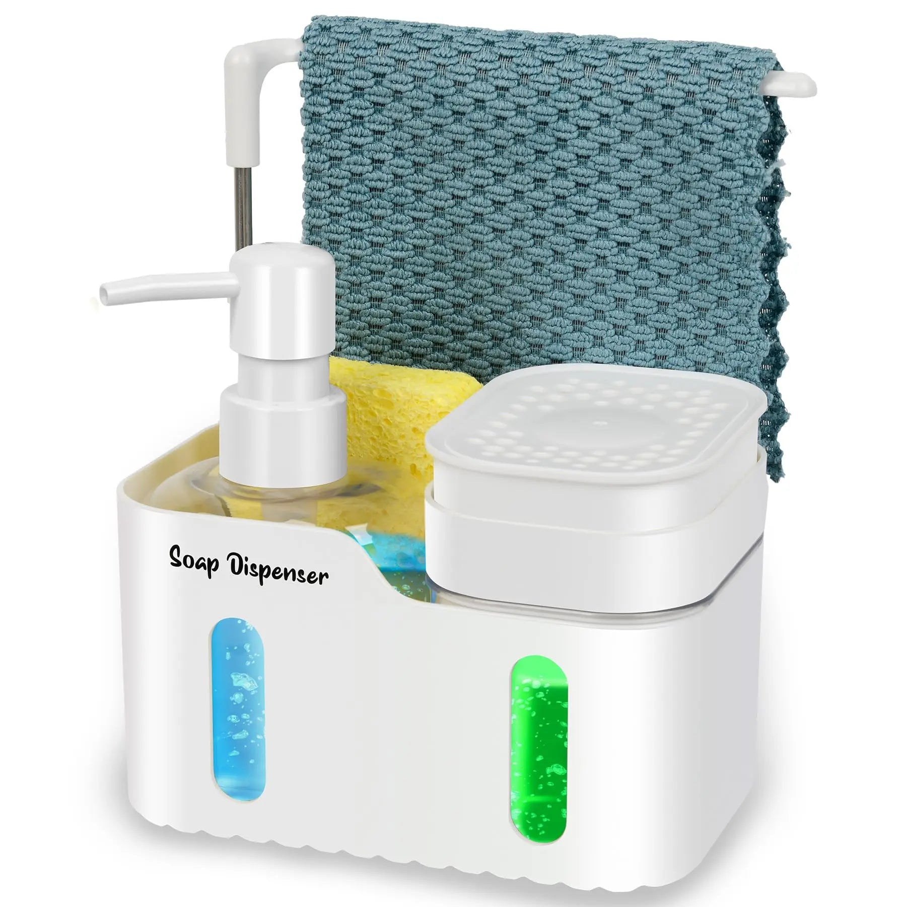 Oylik Hand Soap and Dish Soap Dispenser Set for Kitchen, Dual Soap Dispenser with Sponge Holder and Dishcloth Holder 4-In-1 Organizer for Kitchen Sink Countertop