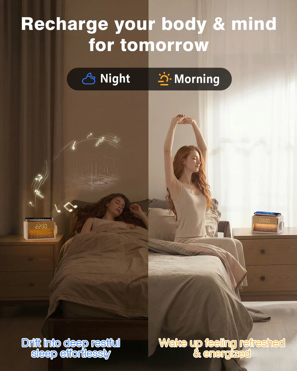 Sleep White Noise Alarm Clock with Wireless Charging 20 Sounds Dual Alarm Snooze Dimmable Display Knob Control for Bedroom Perfect Sleep Gifts