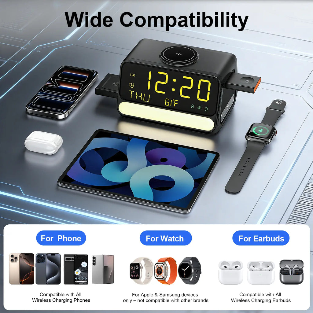 BLKE 7-In-1 Wireless Charging Station with Alarm Clock, Fast Charge, LED & Voice-Controlled Night Light, Bluetooth Time Sync, Temperature Display, Compatible with Iphone, Android, Apple Watch, Samsung Watch & Earbuds, 33W Adapter Incl.