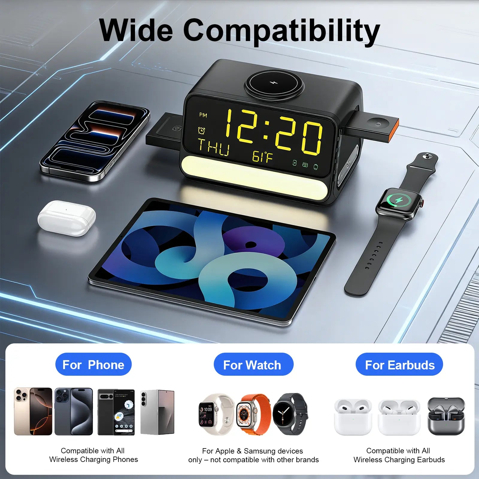 BLKE 7-In-1 Wireless Charging Station with Alarm Clock, Fast Charge, LED & Voice-Controlled Night Light, Bluetooth Time Sync, Temperature Display, Compatible with Iphone, Android, Apple Watch, Samsung Watch & Earbuds, 33W Adapter Incl.