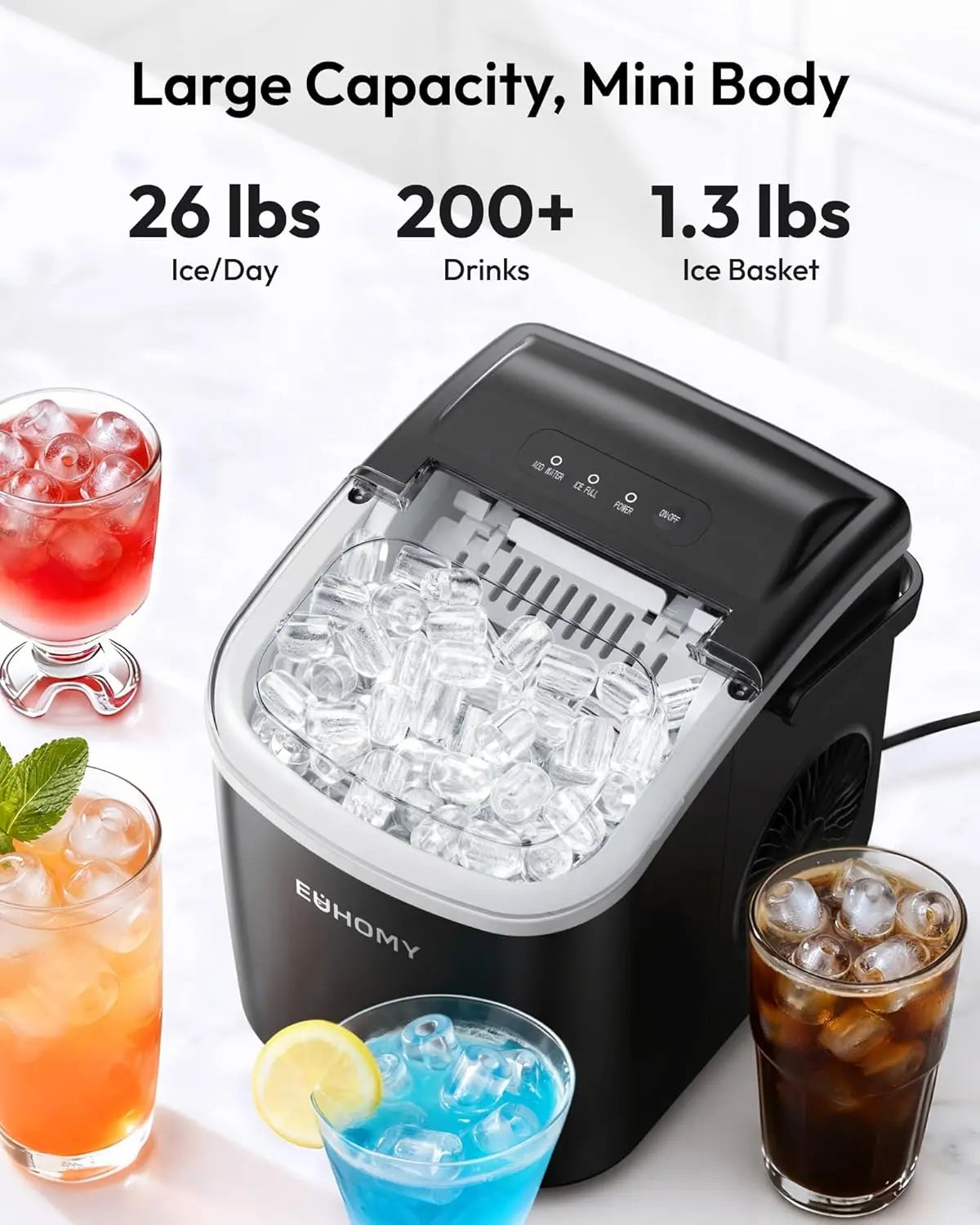 EUHOMY Ice Maker Countertop with Handle, 26Lbs in 24Hrs, 9 Ice Cubes Ready in 6 Mins, Auto-Cleaning Portable Ice Maker with Basket and Scoop, for Home/Kitchen/Camping/Rv. (2024 New Silver) Utensils
