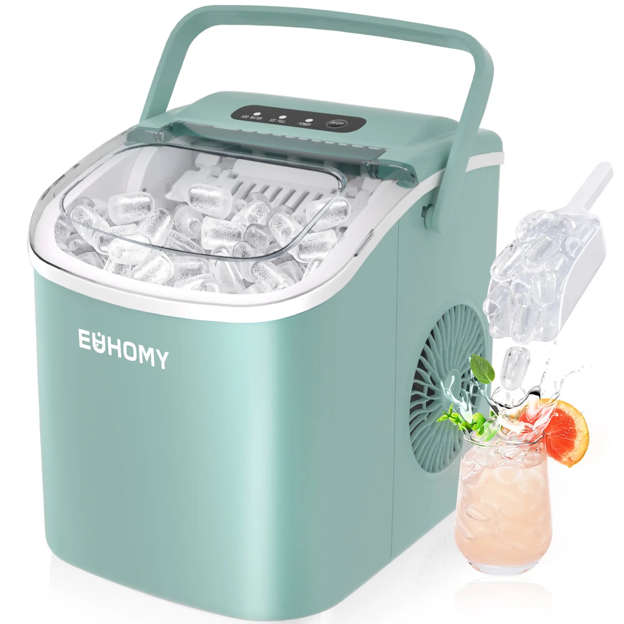 EUHOMY Ice Maker Countertop with Handle, 26Lbs in 24Hrs, 9 Ice Cubes Ready in 6 Mins, Auto-Cleaning Portable Ice Maker with Basket and Scoop, for Home/Kitchen/Camping/Rv. (2024 New Silver) Utensils