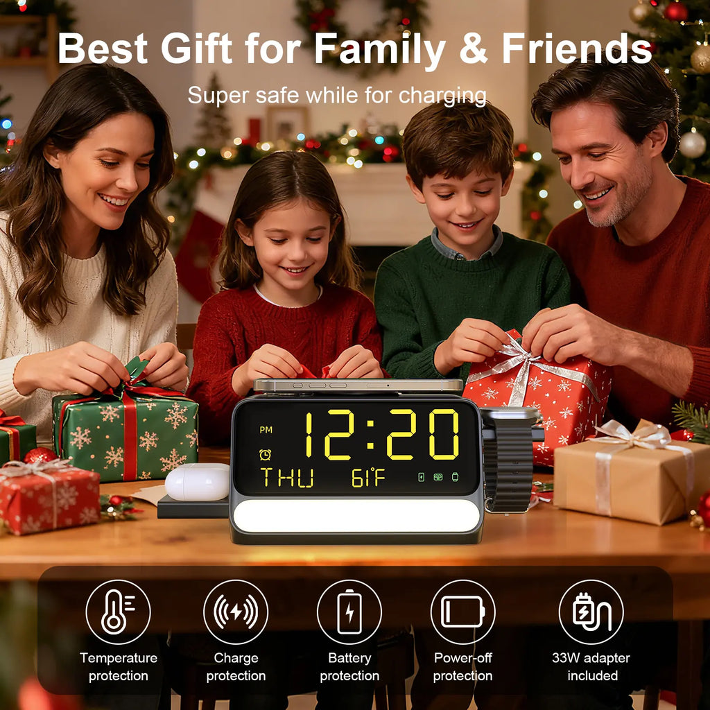 BLKE 7-In-1 Wireless Charging Station with Alarm Clock, Fast Charge, LED & Voice-Controlled Night Light, Bluetooth Time Sync, Temperature Display, Compatible with Iphone, Android, Apple Watch, Samsung Watch & Earbuds, 33W Adapter Incl.
