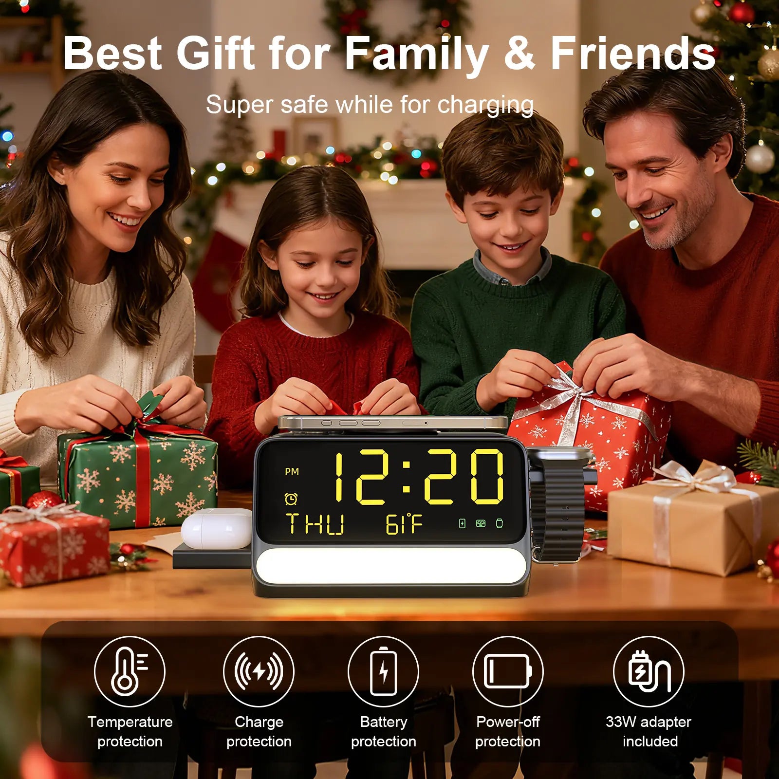 BLKE 7-In-1 Wireless Charging Station with Alarm Clock, Fast Charge, LED & Voice-Controlled Night Light, Bluetooth Time Sync, Temperature Display, Compatible with Iphone, Android, Apple Watch, Samsung Watch & Earbuds, 33W Adapter Incl.