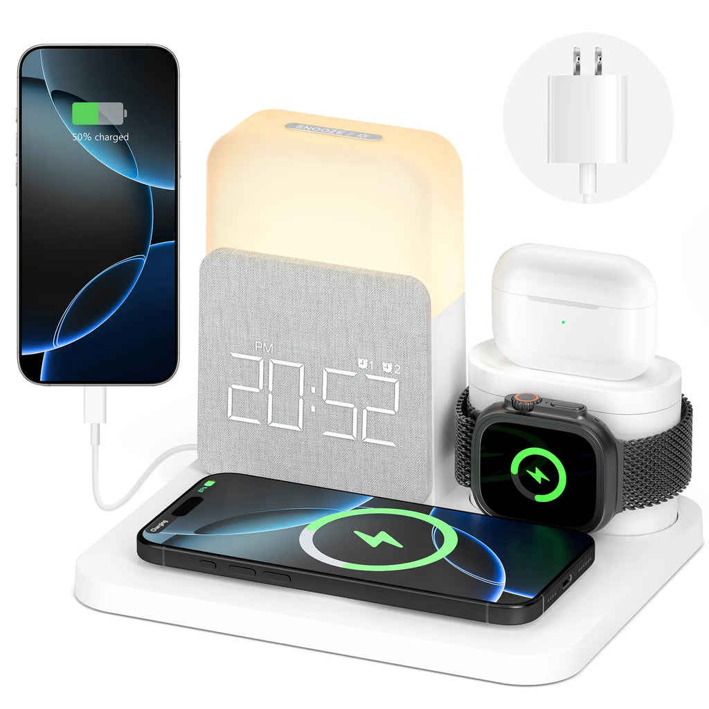 7-In-1 Fast Wireless Charger Trio Magnetic Station with Alarm Clock & 3-Color Dimmable Night Light. Magsafe Dock for Iphone 17-12, Apple Watch, Airpods, Samsung. Fast Charging, USB-C & 2 USB Ports. Portable Travel Desk Organizer for Tiktok Shop