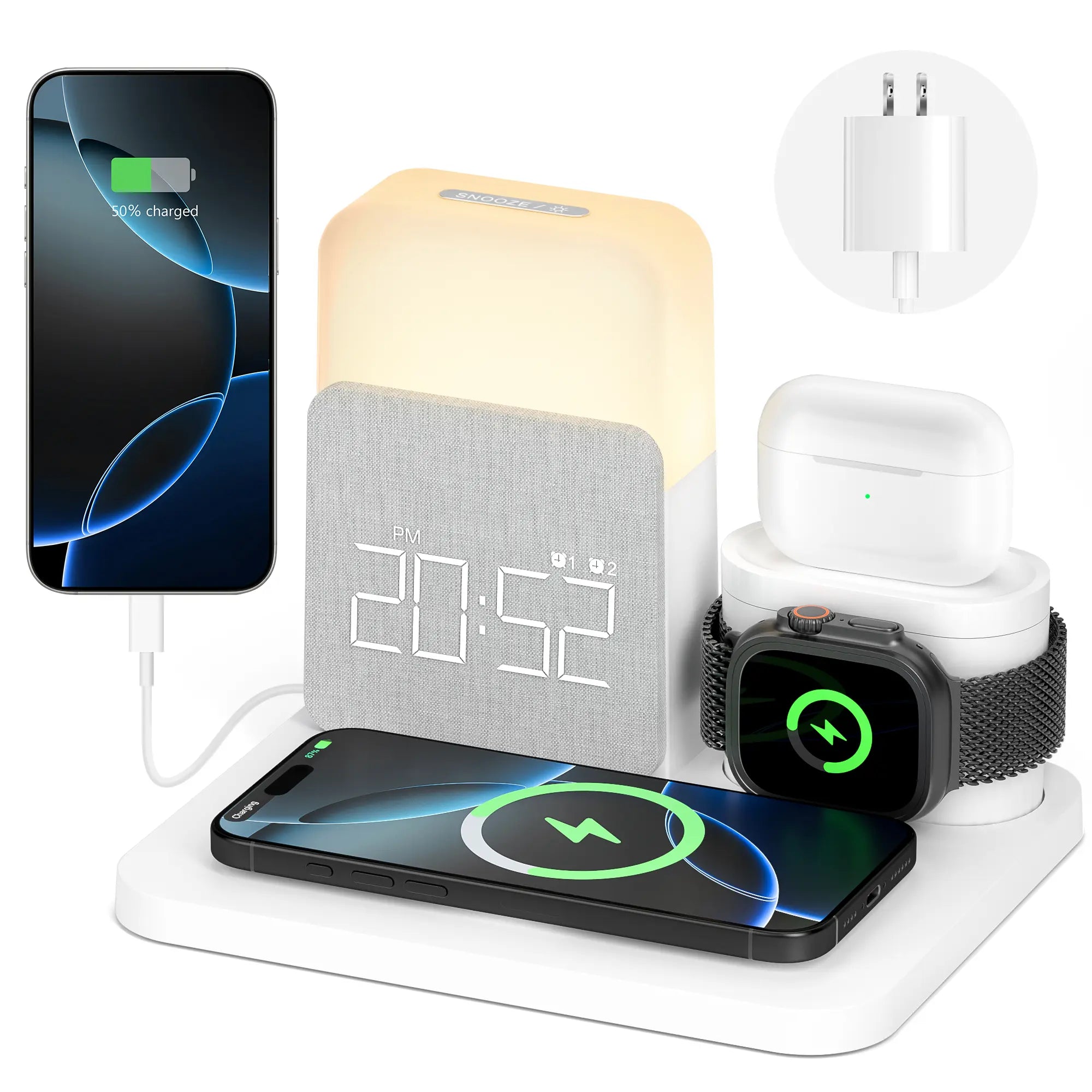 7-In-1 Fast Wireless Charger Trio Magnetic Station with Alarm Clock & 3-Color Dimmable Night Light. Magsafe Dock for Iphone 17-12, Apple Watch, Airpods, Samsung. Fast Charging, USB-C & 2 USB Ports. Portable Travel Desk Organizer for Tiktok Shop