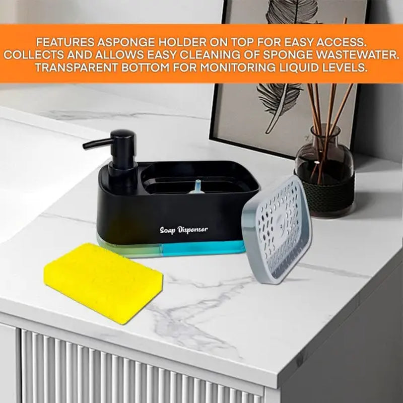 Hand and Dish Soap Dispenser Set Dual Soap Dispenser Sponge Holder 3-In-1 Countertop Soap Pump Dispenser Kitchen Sink(Black)