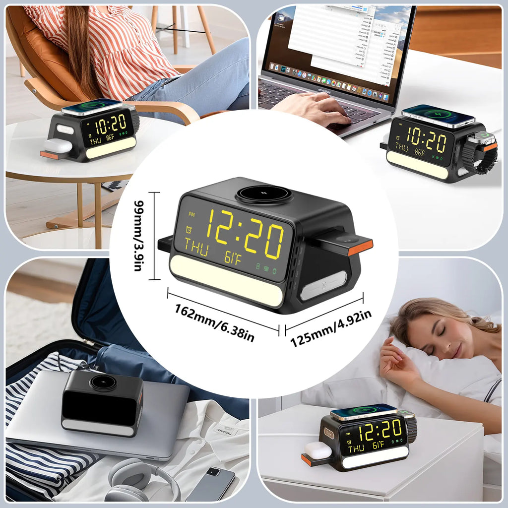 BLKE 7-In-1 Wireless Charging Station with Alarm Clock, Fast Charge, LED & Voice-Controlled Night Light, Bluetooth Time Sync, Temperature Display, Compatible with Iphone, Android, Apple Watch, Samsung Watch & Earbuds, 33W Adapter Incl.