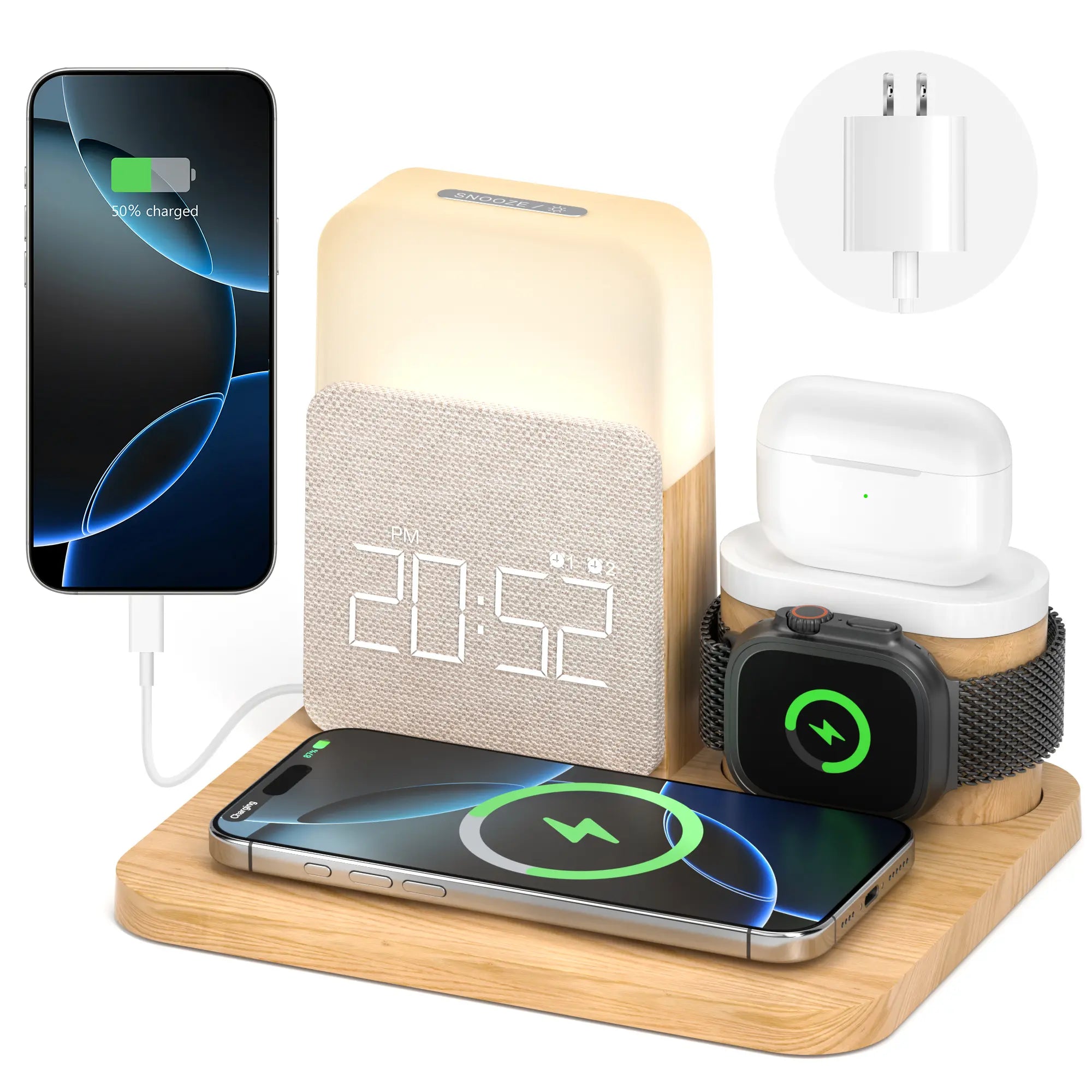 7-In-1 Fast Wireless Charger Trio Magnetic Station with Alarm Clock & 3-Color Dimmable Night Light. Magsafe Dock for Iphone 17-12, Apple Watch, Airpods, Samsung. Fast Charging, USB-C & 2 USB Ports. Portable Travel Desk Organizer for Tiktok Shop