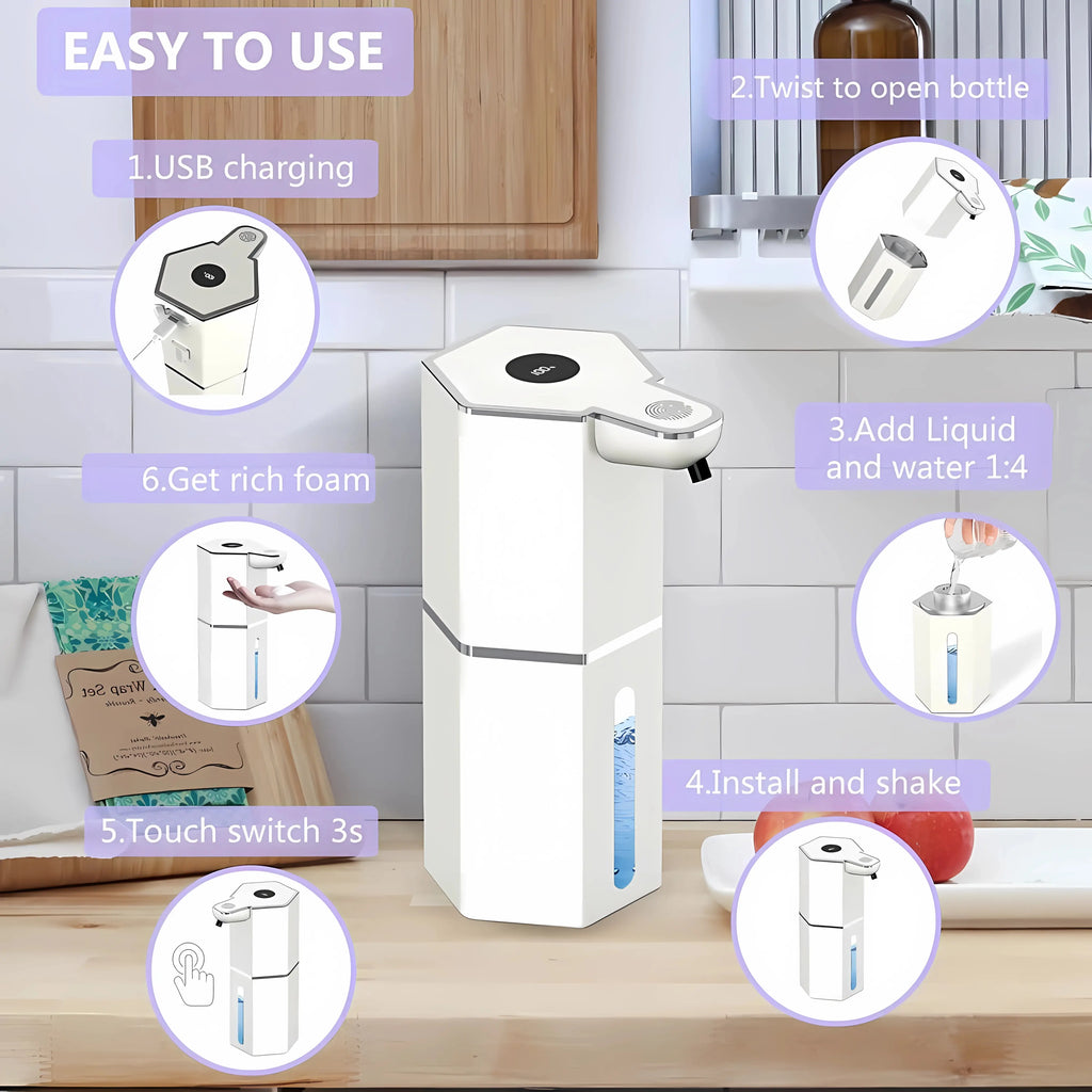 12Oz Touchless Foaming Soap Dispenser with 4 Adjustable Levels | USB Rechargeable, Waterproof Automatic Dispenser for Kitchen, Bathroom & Home Essentials.