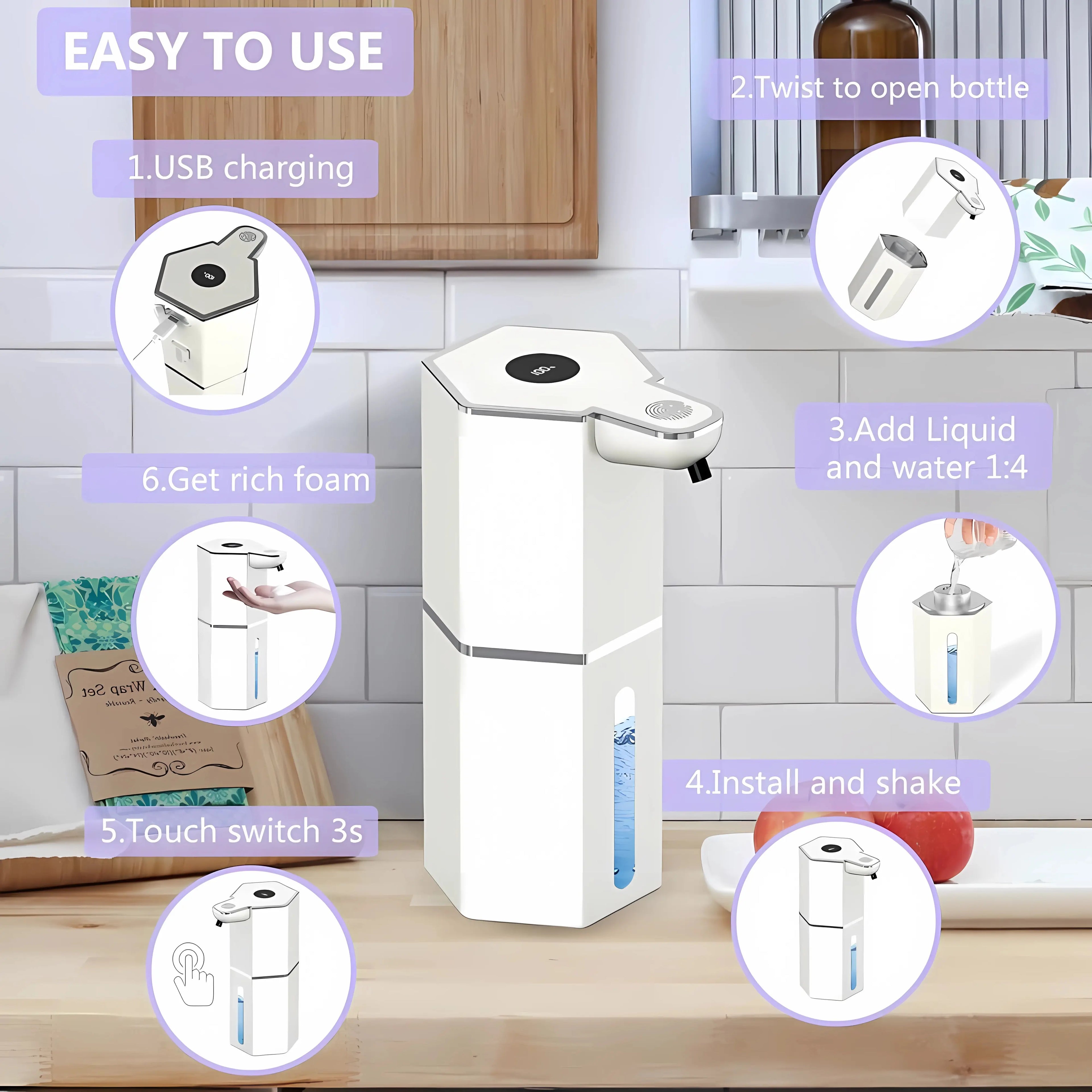 12Oz Touchless Foaming Soap Dispenser with 4 Adjustable Levels | USB Rechargeable, Waterproof Automatic Dispenser for Kitchen, Bathroom & Home Essentials.