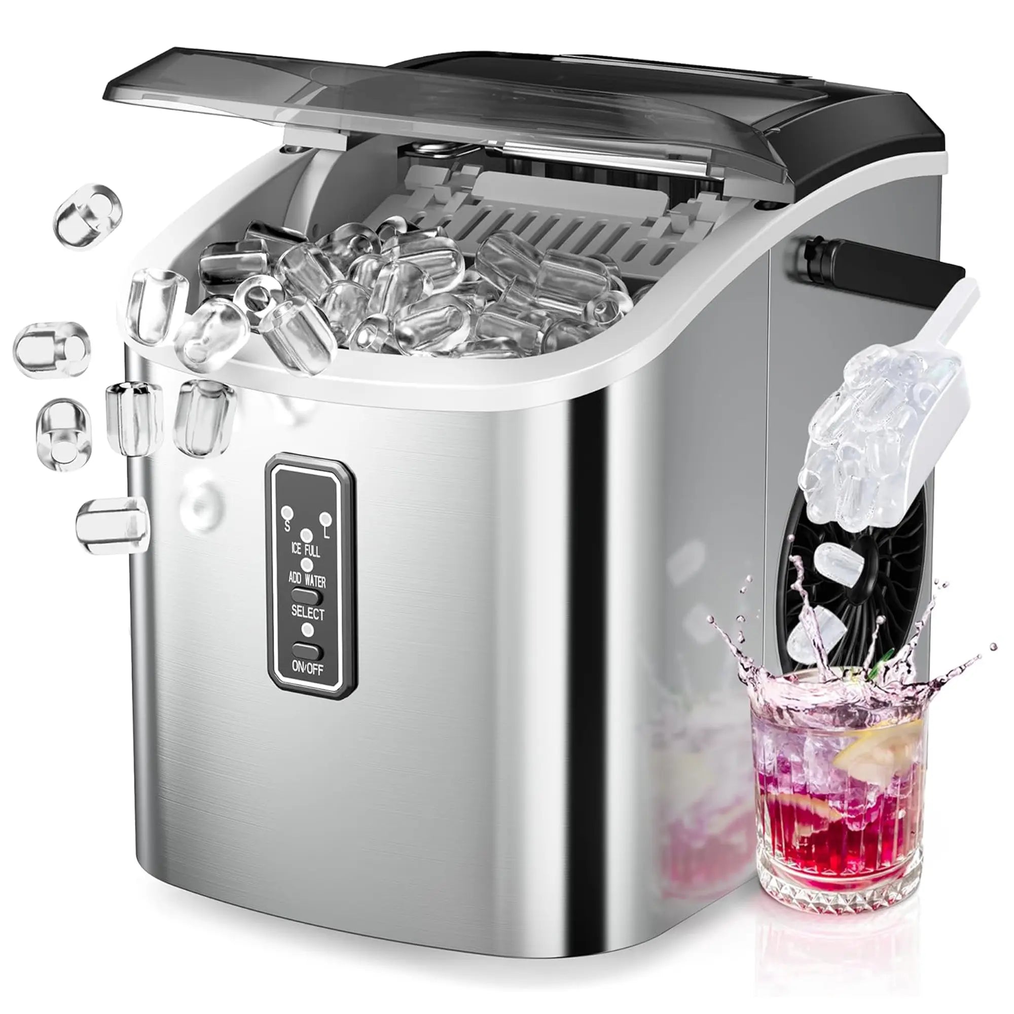 EUHOMY Ice Maker Countertop with Handle, 26Lbs in 24Hrs, 9 Ice Cubes Ready in 6 Mins, Auto-Cleaning Portable Ice Maker with Basket and Scoop, for Home/Kitchen/Camping/Rv. (2024 New Silver) Utensils