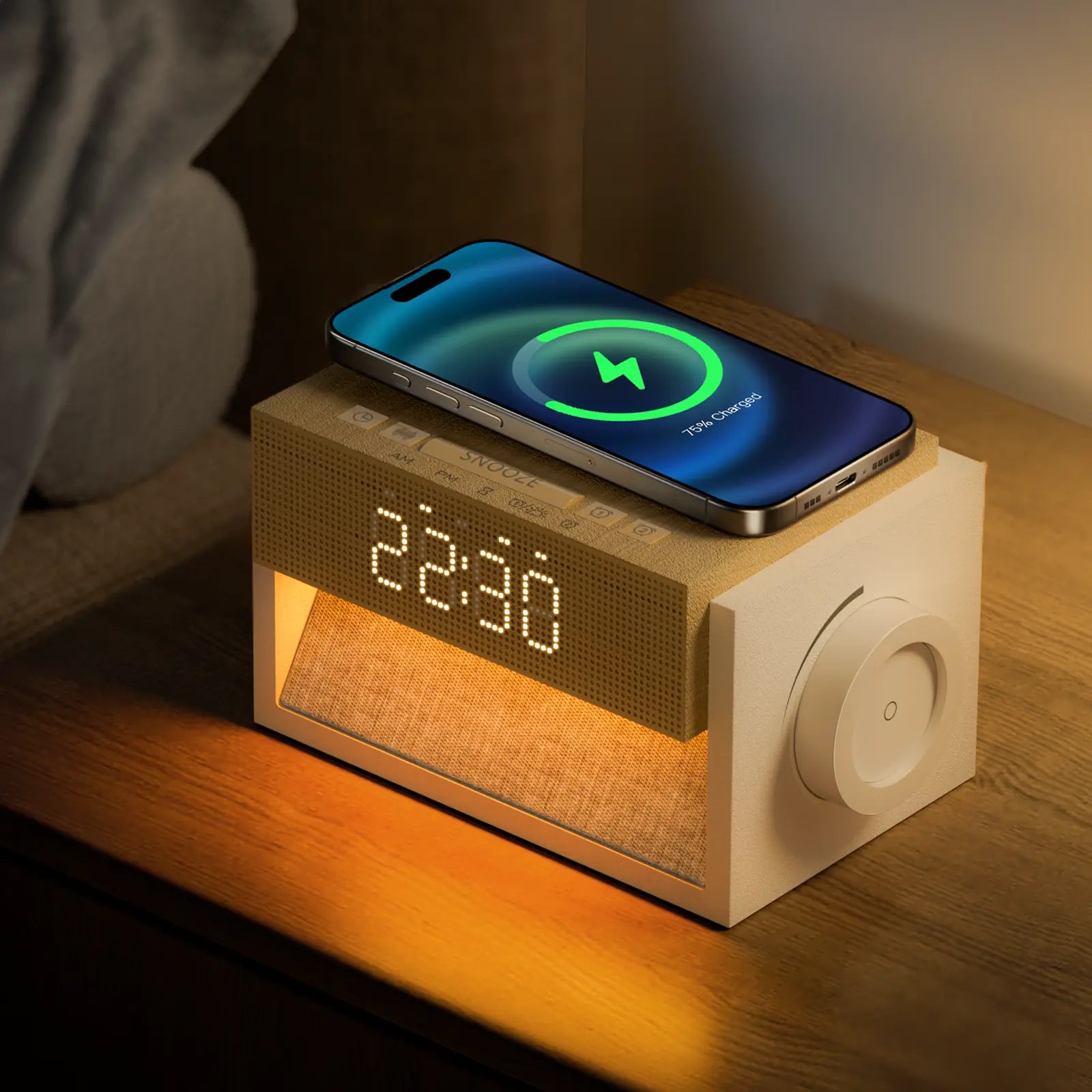 Sleep White Noise Alarm Clock with Wireless Charging 20 Sounds Dual Alarm Snooze Dimmable Display Knob Control for Bedroom Perfect Sleep Gifts