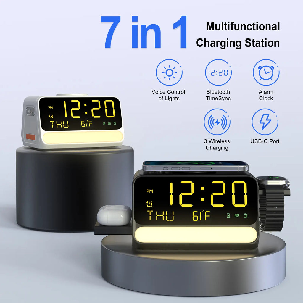 BLKE 7-In-1 Wireless Charging Station with Alarm Clock, Fast Charge, LED & Voice-Controlled Night Light, Bluetooth Time Sync, Temperature Display, Compatible with Iphone, Android, Apple Watch, Samsung Watch & Earbuds, 33W Adapter Incl.