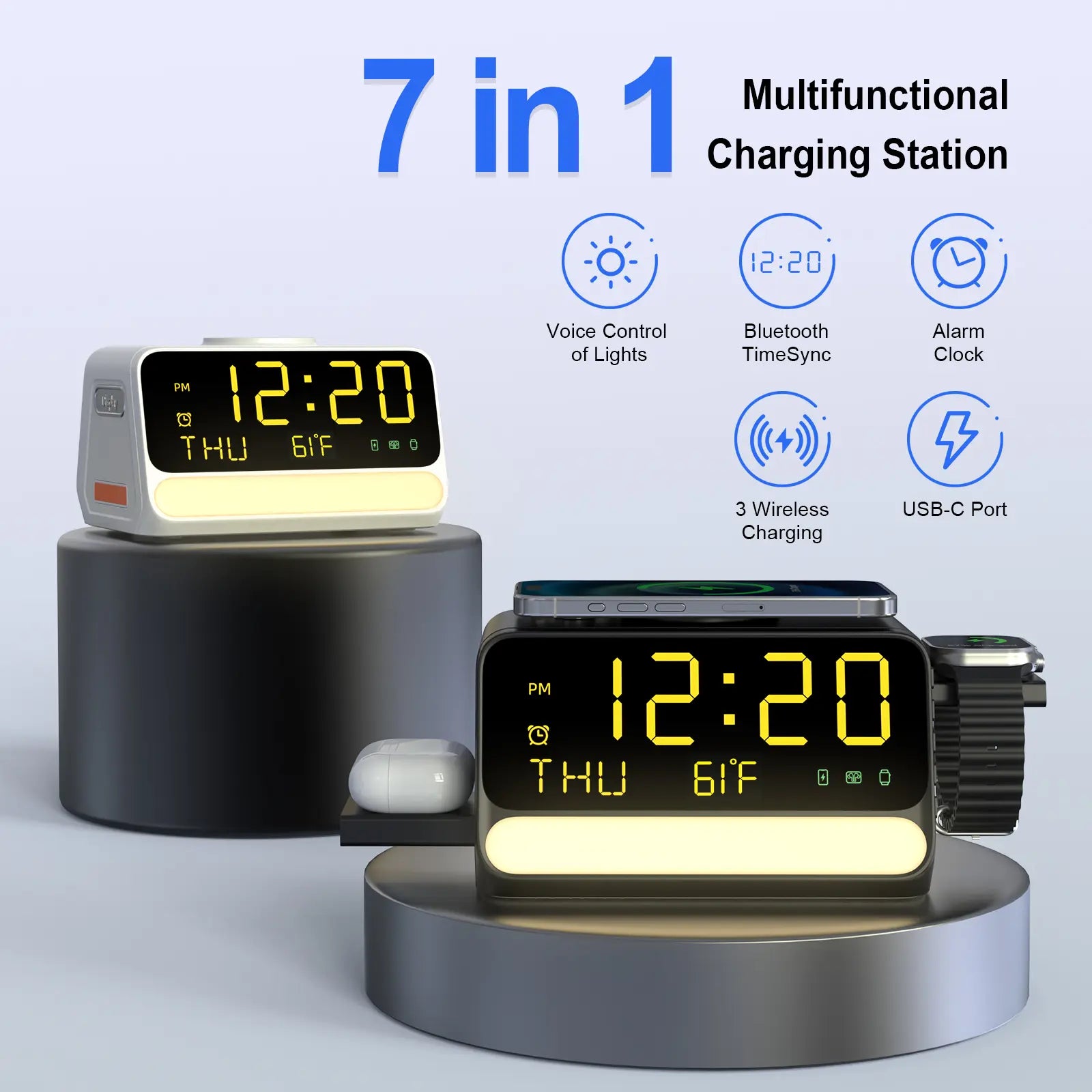 BLKE 7-In-1 Wireless Charging Station with Alarm Clock, Fast Charge, LED & Voice-Controlled Night Light, Bluetooth Time Sync, Temperature Display, Compatible with Iphone, Android, Apple Watch, Samsung Watch & Earbuds, 33W Adapter Incl.