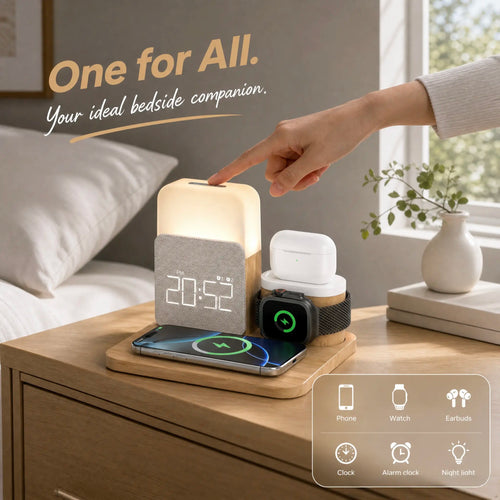 7-In-1 Fast Wireless Charger Trio Magnetic Station with Alarm Clock & 3-Color Dimmable Night Light. Magsafe Dock for Iphone 17-12, Apple Watch, Airpods, Samsung. Fast Charging, USB-C & 2 USB Ports. Portable Travel Desk Organizer for Tiktok Shop