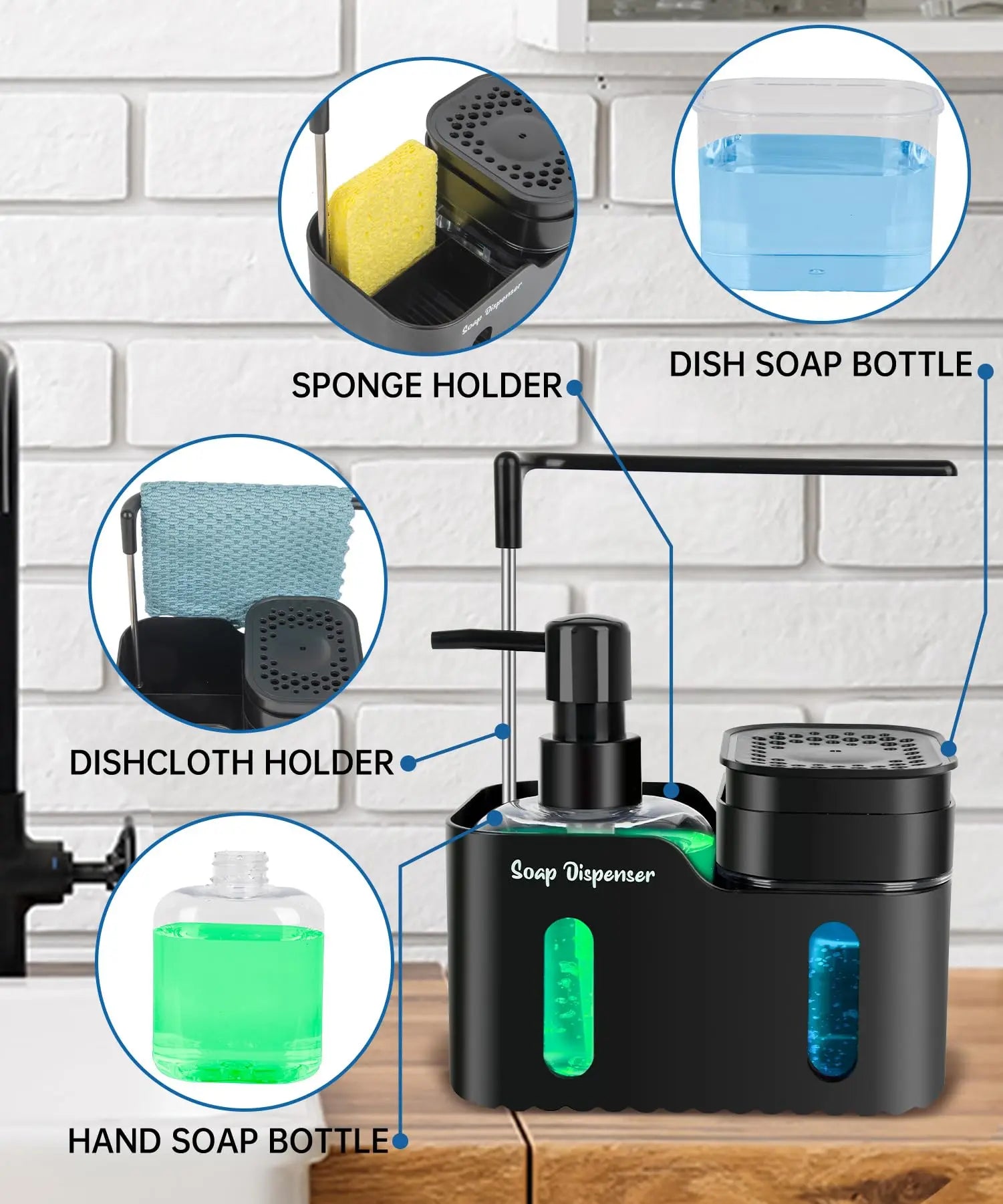 Oylik Hand Soap and Dish Soap Dispenser Set for Kitchen, Dual Soap Dispenser with Sponge Holder and Dishcloth Holder 4-In-1 Organizer for Kitchen Sink Countertop