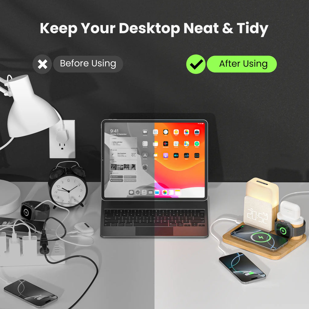 7-In-1 Fast Wireless Charger Trio Magnetic Station with Alarm Clock & 3-Color Dimmable Night Light. Magsafe Dock for Iphone 17-12, Apple Watch, Airpods, Samsung. Fast Charging, USB-C & 2 USB Ports. Portable Travel Desk Organizer for Tiktok Shop