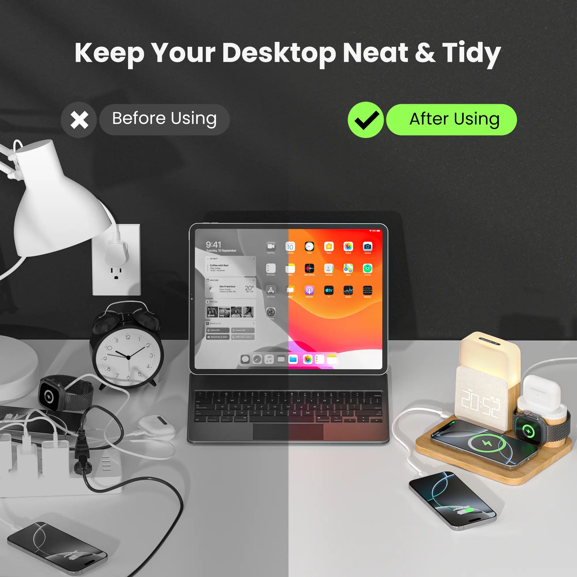 7-In-1 Fast Wireless Charger Trio Magnetic Station with Alarm Clock & 3-Color Dimmable Night Light. Magsafe Dock for Iphone 17-12, Apple Watch, Airpods, Samsung. Fast Charging, USB-C & 2 USB Ports. Portable Travel Desk Organizer for Tiktok Shop