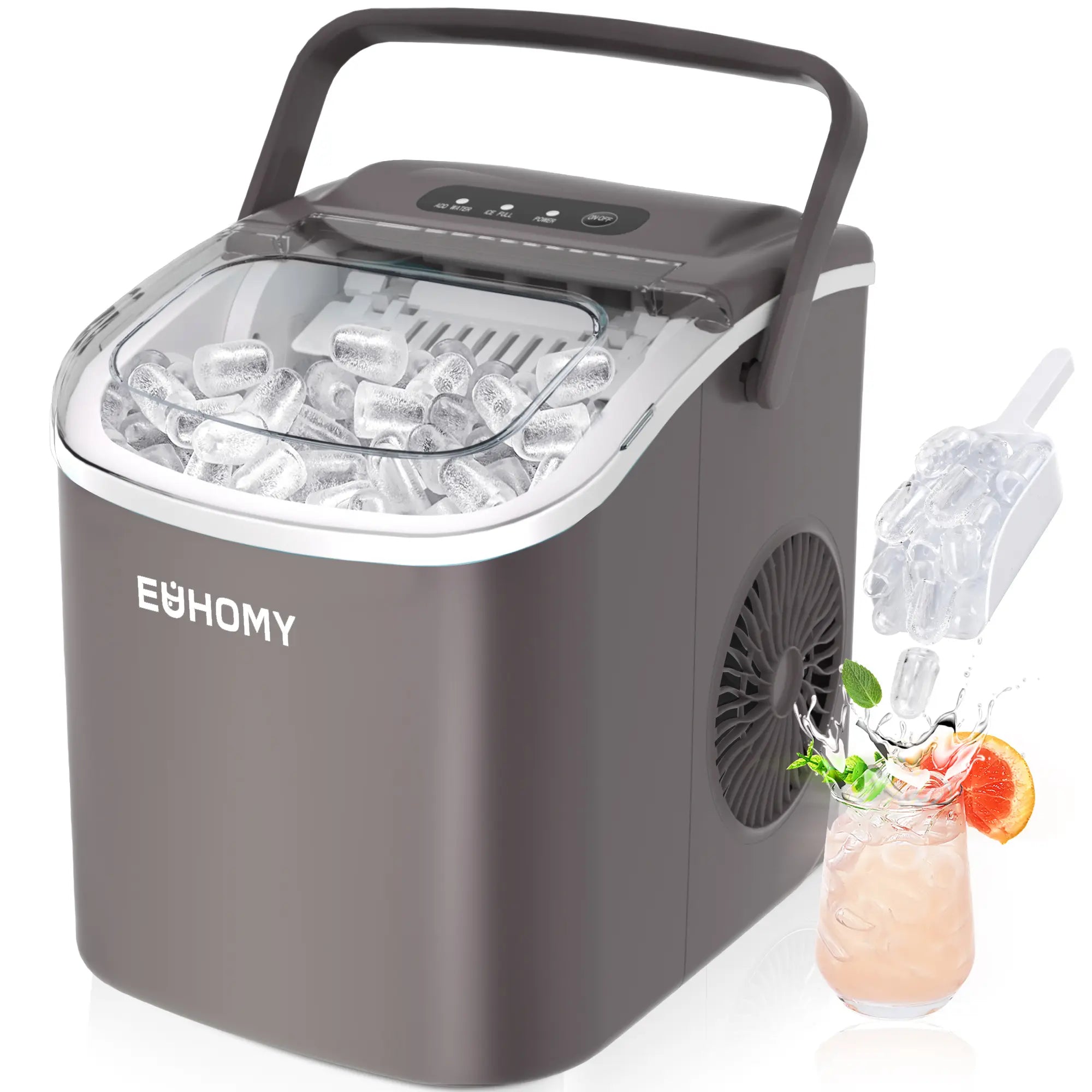 EUHOMY Ice Maker Countertop with Handle, 26Lbs in 24Hrs, 9 Ice Cubes Ready in 6 Mins, Auto-Cleaning Portable Ice Maker with Basket and Scoop, for Home/Kitchen/Camping/Rv. (2024 New Silver) Utensils