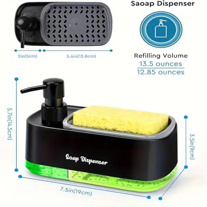 Hand and Dish Soap Dispenser Set Dual Soap Dispenser Sponge Holder 3-In-1 Countertop Soap Pump Dispenser Kitchen Sink(Black)