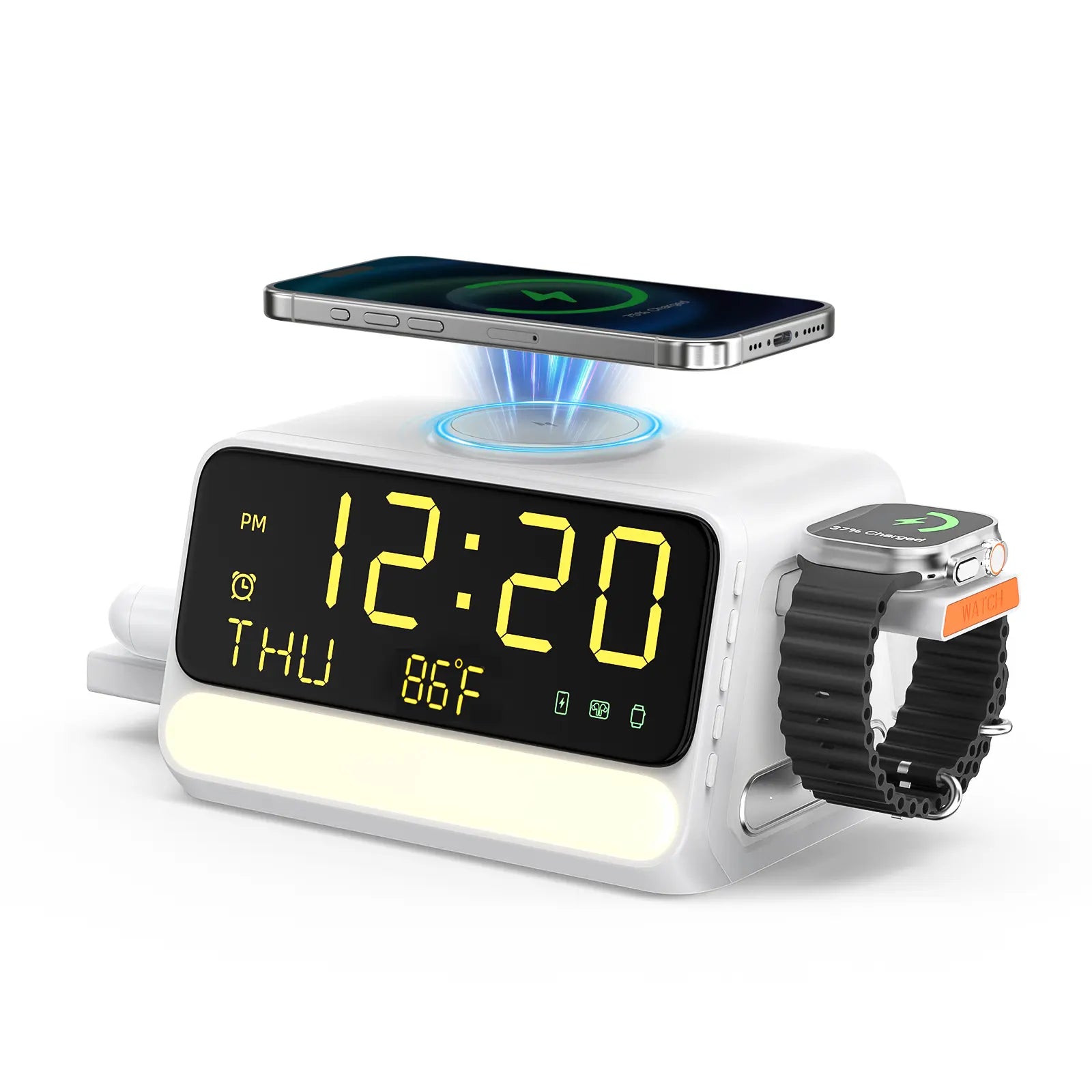 BLKE 7-In-1 Wireless Charging Station with Alarm Clock, Fast Charge, LED & Voice-Controlled Night Light, Bluetooth Time Sync, Temperature Display, Compatible with Iphone, Android, Apple Watch, Samsung Watch & Earbuds, 33W Adapter Incl.