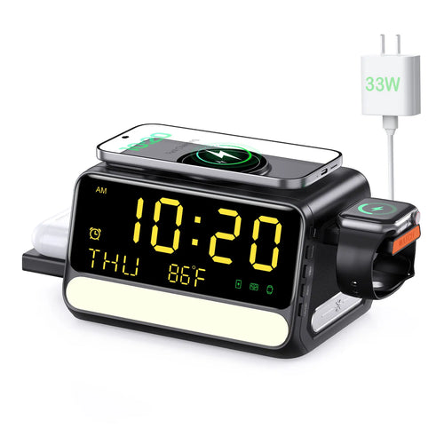 BLKE 7-In-1 Wireless Charging Station with Alarm Clock, Fast Charge, LED & Voice-Controlled Night Light, Bluetooth Time Sync, Temperature Display, Compatible with Iphone, Android, Apple Watch, Samsung Watch & Earbuds, 33W Adapter Incl.