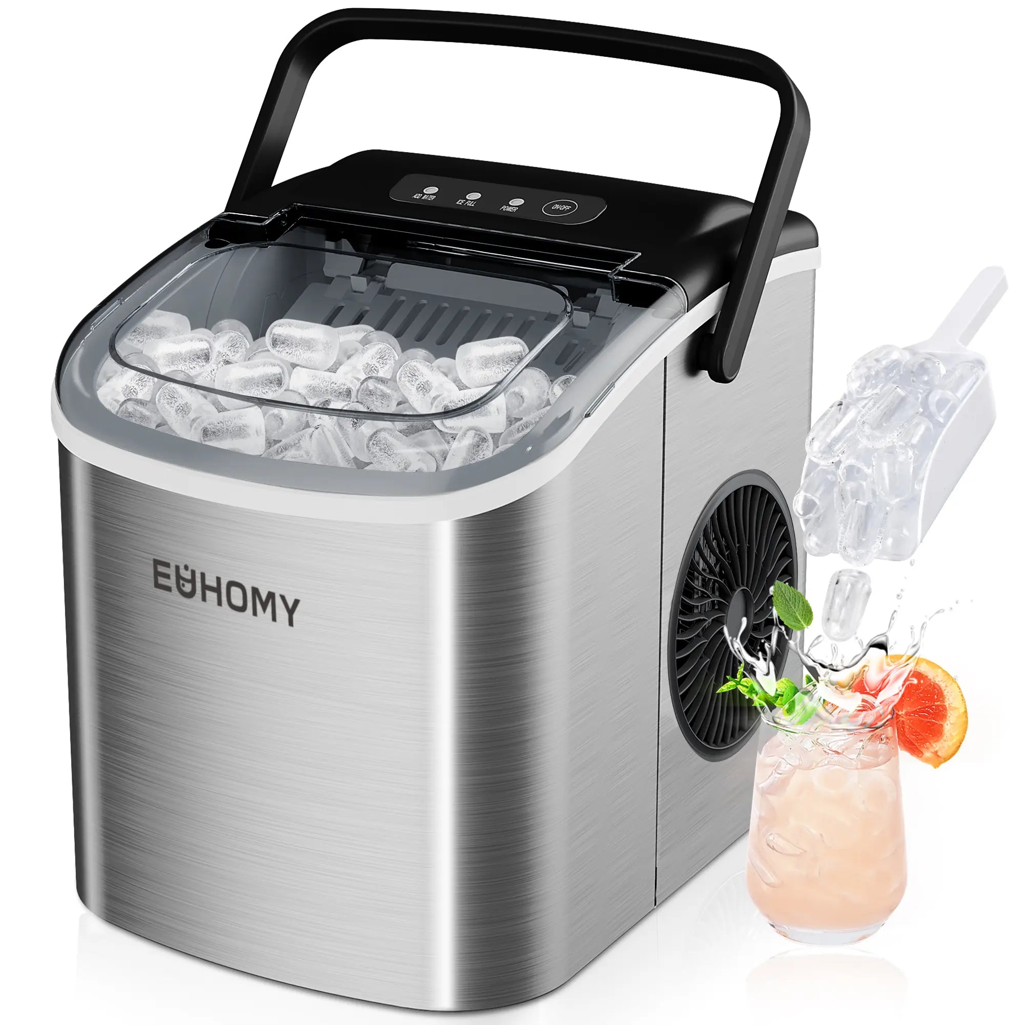 EUHOMY Ice Maker Countertop with Handle, 26Lbs in 24Hrs, 9 Ice Cubes Ready in 6 Mins, Auto-Cleaning Portable Ice Maker with Basket and Scoop, for Home/Kitchen/Camping/Rv. (2024 New Silver) Utensils