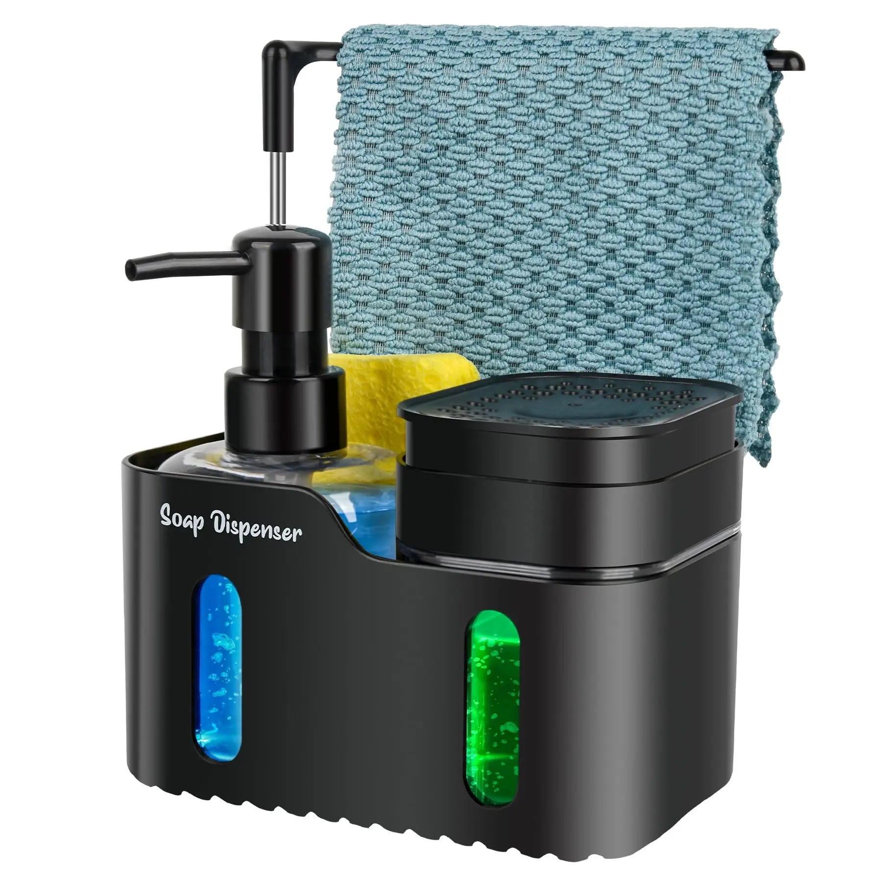 Oylik Hand Soap and Dish Soap Dispenser Set for Kitchen, Dual Soap Dispenser with Sponge Holder and Dishcloth Holder 4-In-1 Organizer for Kitchen Sink Countertop