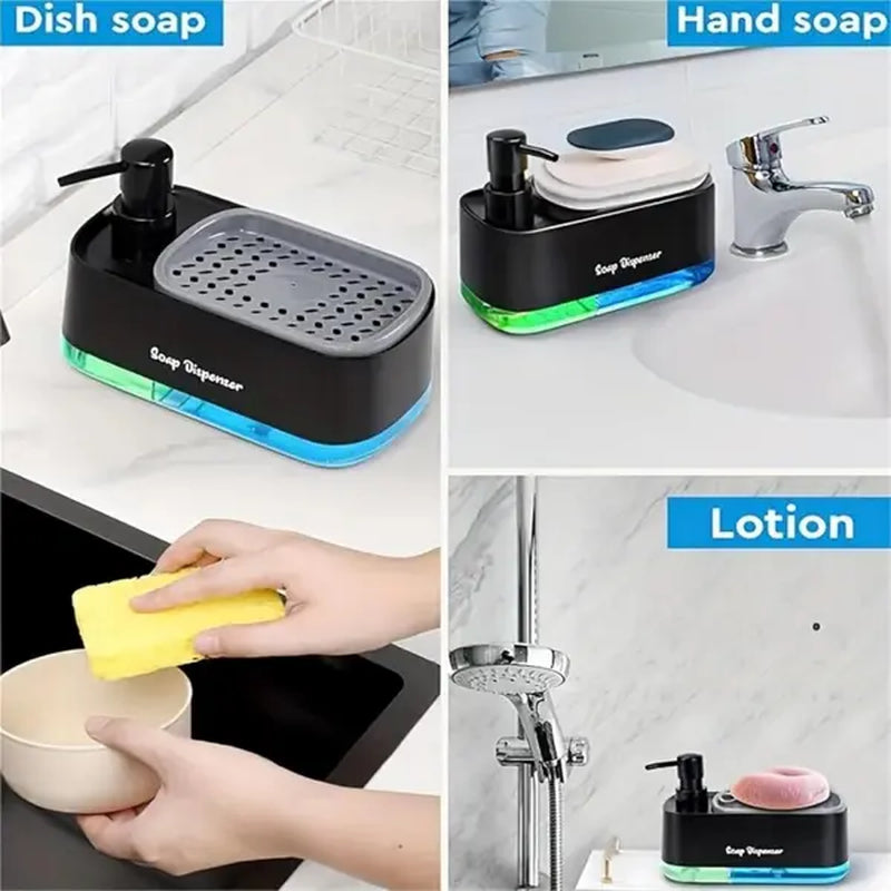 Hand and Dish Soap Dispenser Set Dual Soap Dispenser Sponge Holder 3-In-1 Countertop Soap Pump Dispenser Kitchen Sink(Black)